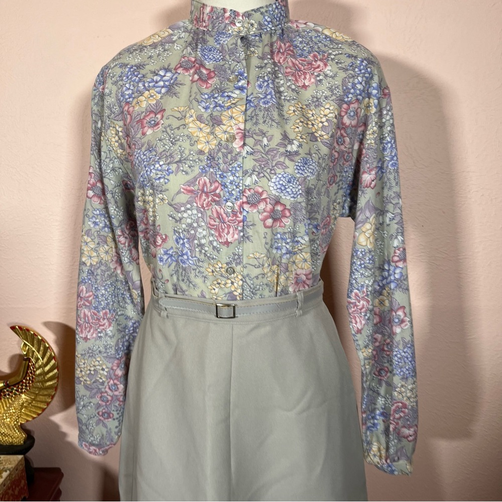 Vintage Victorian bow neck pastel floral Grey High waist midi Skirt set Small